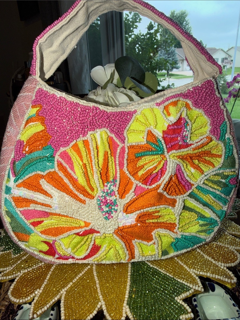 Jolie Fleur Spring Collection Tropical Floral Beaded Hobo Shoulder Bag
